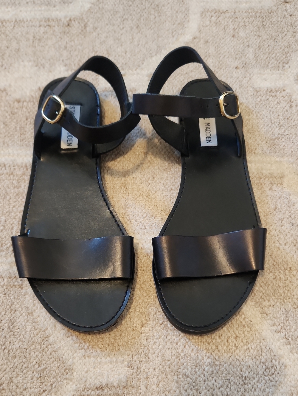 Steve Madden Black Leather Ankle-Strap Flat Sandals